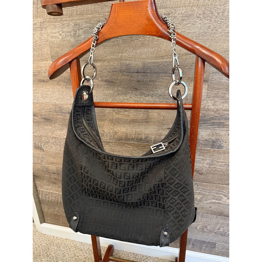 Vintage Fendi Black brown‎ Zucca Canvas Hobo large Bag Chain Strap FF monogram